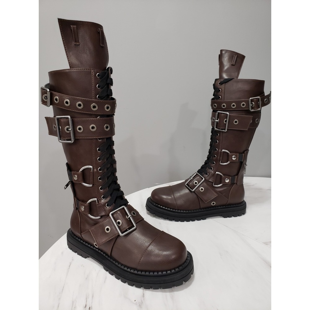 SIZE 9 Dolls Kill Club Exx COMBAT BOOTS STEAMPUNK cyberpunk gothic strappy brown - Picture 2 of 16